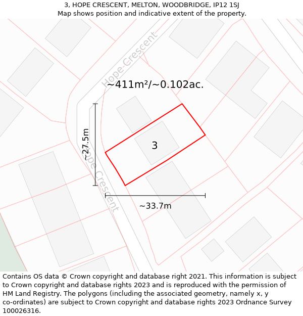 3, HOPE CRESCENT, MELTON, WOODBRIDGE, IP12 1SJ: Plot and title map