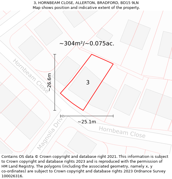 3, HORNBEAM CLOSE, ALLERTON, BRADFORD, BD15 9LN: Plot and title map