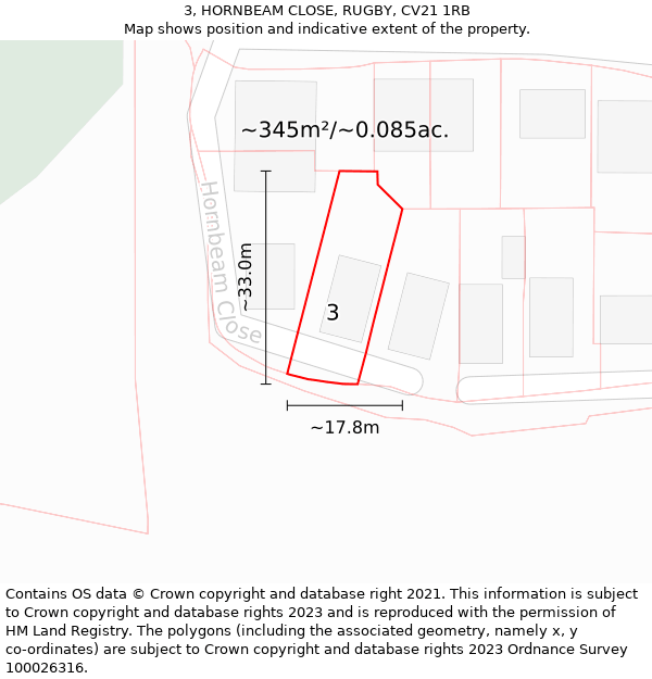 3, HORNBEAM CLOSE, RUGBY, CV21 1RB: Plot and title map