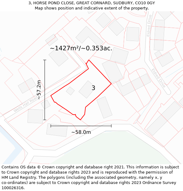 3, HORSE POND CLOSE, GREAT CORNARD, SUDBURY, CO10 0GY: Plot and title map