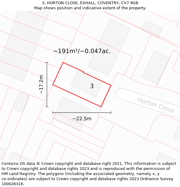 3, HORTON CLOSE, EXHALL, COVENTRY, CV7 9GB: Plot and title map