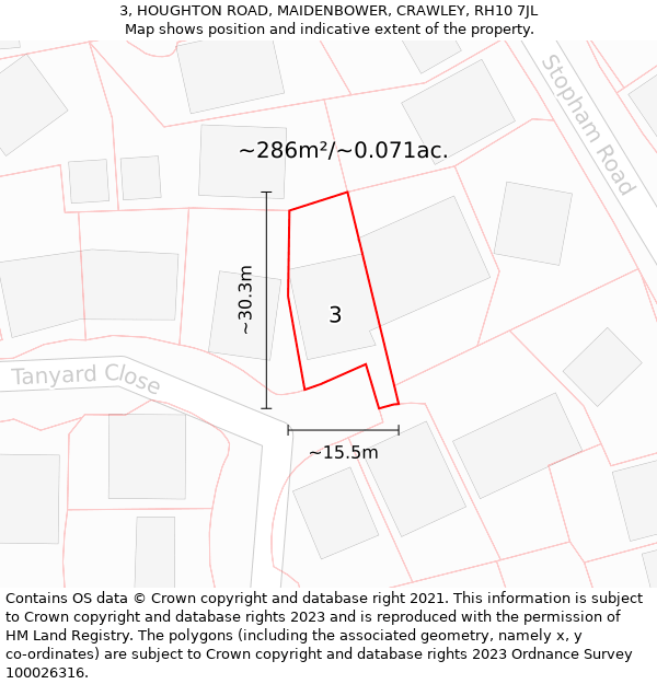 3, HOUGHTON ROAD, MAIDENBOWER, CRAWLEY, RH10 7JL: Plot and title map