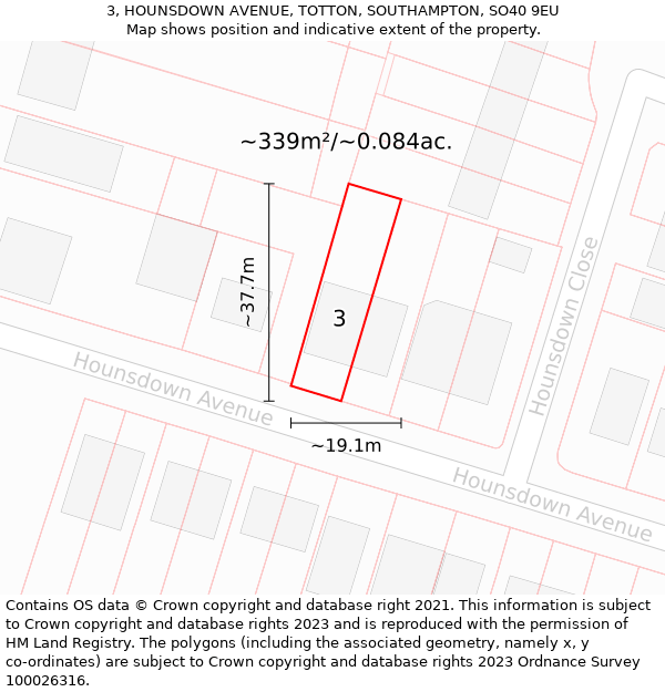 3, HOUNSDOWN AVENUE, TOTTON, SOUTHAMPTON, SO40 9EU: Plot and title map