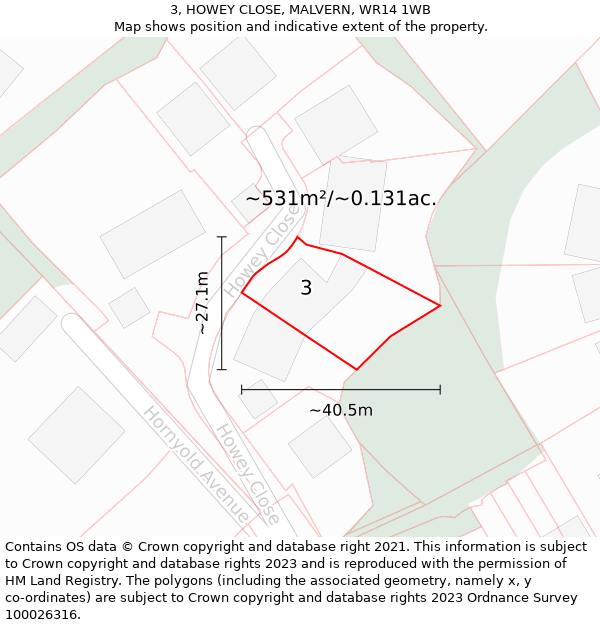 3, HOWEY CLOSE, MALVERN, WR14 1WB: Plot and title map