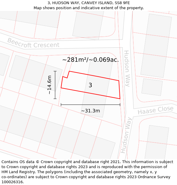 3, HUDSON WAY, CANVEY ISLAND, SS8 9FE: Plot and title map