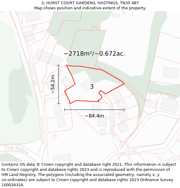 3, HURST COURT GARDENS, HASTINGS, TN35 4BT: Plot and title map