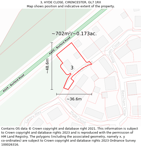 3, HYDE CLOSE, CIRENCESTER, GL7 1RX: Plot and title map