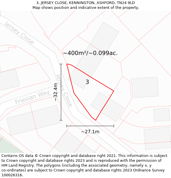 3, JERSEY CLOSE, KENNINGTON, ASHFORD, TN24 9LD: Plot and title map