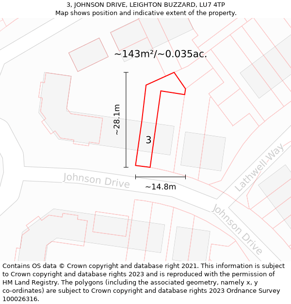 3, JOHNSON DRIVE, LEIGHTON BUZZARD, LU7 4TP: Plot and title map