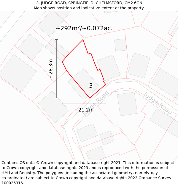 3, JUDGE ROAD, SPRINGFIELD, CHELMSFORD, CM2 6GN: Plot and title map