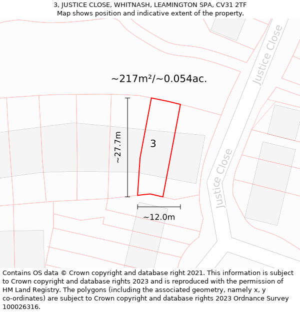 3, JUSTICE CLOSE, WHITNASH, LEAMINGTON SPA, CV31 2TF: Plot and title map