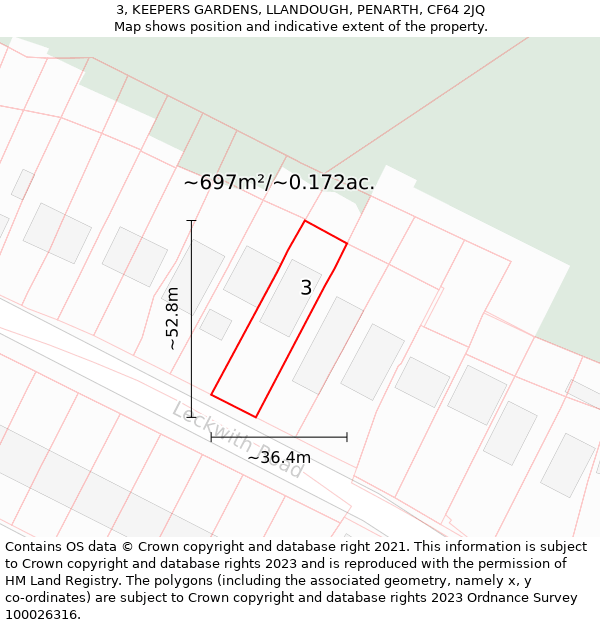 3, KEEPERS GARDENS, LLANDOUGH, PENARTH, CF64 2JQ: Plot and title map