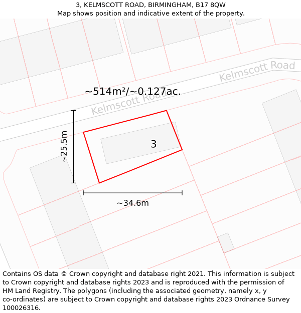 3, KELMSCOTT ROAD, BIRMINGHAM, B17 8QW: Plot and title map