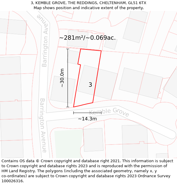 3, KEMBLE GROVE, THE REDDINGS, CHELTENHAM, GL51 6TX: Plot and title map