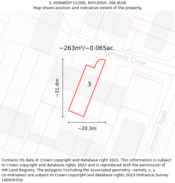 3, KENNEDY CLOSE, RAYLEIGH, SS6 8UW: Plot and title map