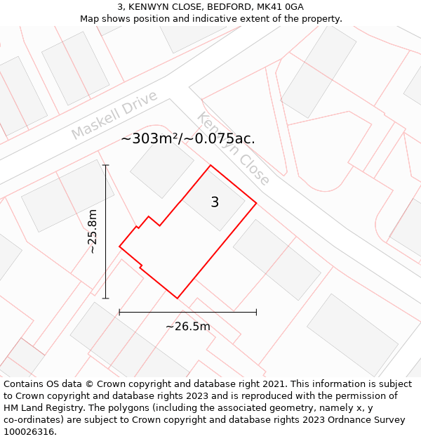 3, KENWYN CLOSE, BEDFORD, MK41 0GA: Plot and title map