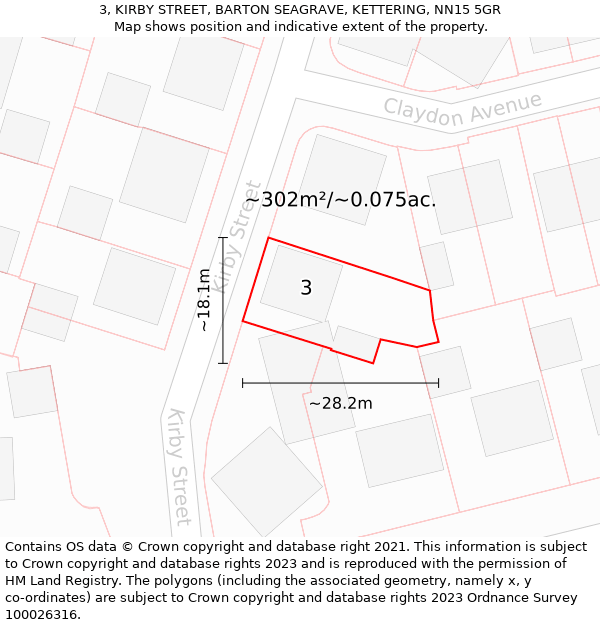 3, KIRBY STREET, BARTON SEAGRAVE, KETTERING, NN15 5GR: Plot and title map