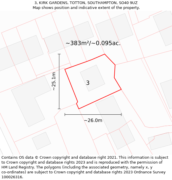 3, KIRK GARDENS, TOTTON, SOUTHAMPTON, SO40 9UZ: Plot and title map