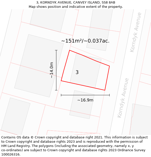 3, KORNDYK AVENUE, CANVEY ISLAND, SS8 8AB: Plot and title map