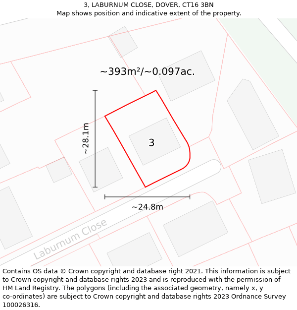 3, LABURNUM CLOSE, DOVER, CT16 3BN: Plot and title map