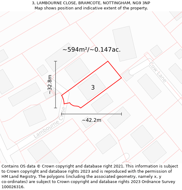 3, LAMBOURNE CLOSE, BRAMCOTE, NOTTINGHAM, NG9 3NP: Plot and title map