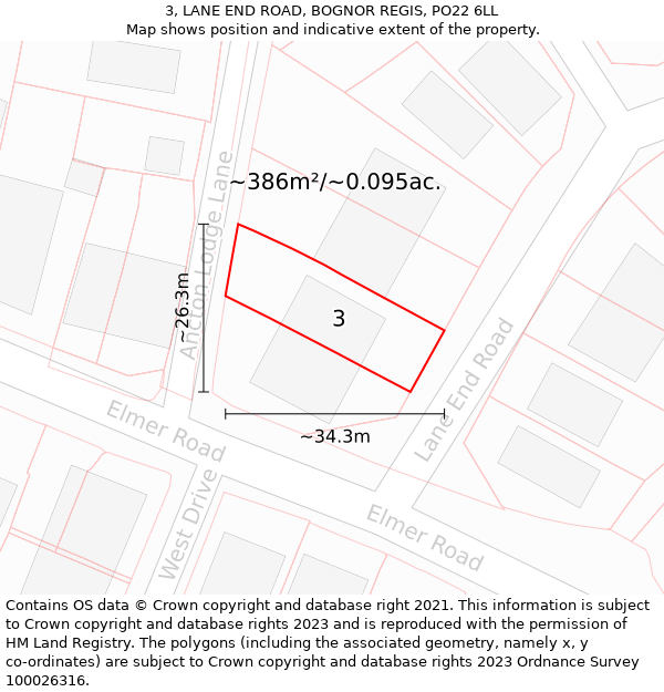 3, LANE END ROAD, BOGNOR REGIS, PO22 6LL: Plot and title map