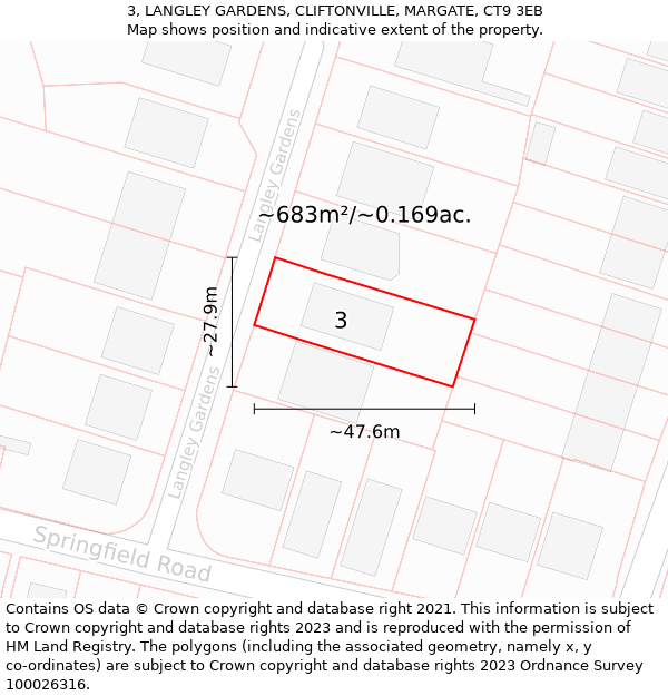 3, LANGLEY GARDENS, CLIFTONVILLE, MARGATE, CT9 3EB: Plot and title map