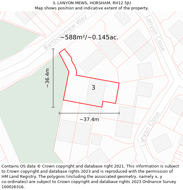 3, LANYON MEWS, HORSHAM, RH12 5JU: Plot and title map