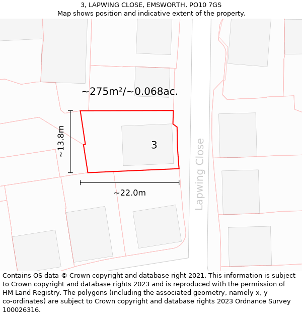 3, LAPWING CLOSE, EMSWORTH, PO10 7GS: Plot and title map