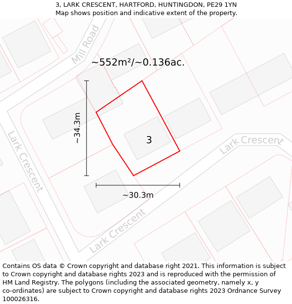 3, LARK CRESCENT, HARTFORD, HUNTINGDON, PE29 1YN: Plot and title map