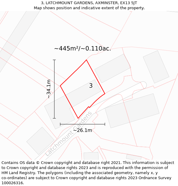 3, LATCHMOUNT GARDENS, AXMINSTER, EX13 5JT: Plot and title map