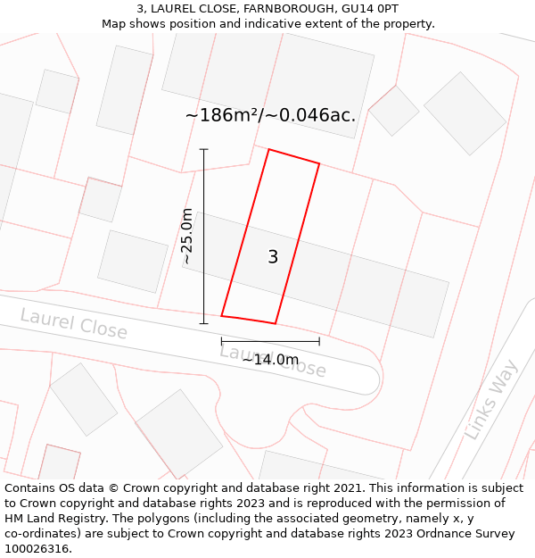 3, LAUREL CLOSE, FARNBOROUGH, GU14 0PT: Plot and title map