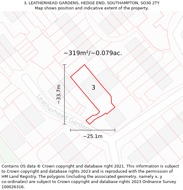 3, LEATHERHEAD GARDENS, HEDGE END, SOUTHAMPTON, SO30 2TY: Plot and title map