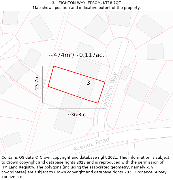 3, LEIGHTON WAY, EPSOM, KT18 7QZ: Plot and title map