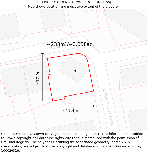 3, LEISLER GARDENS, TROWBRIDGE, BA14 7WJ: Plot and title map