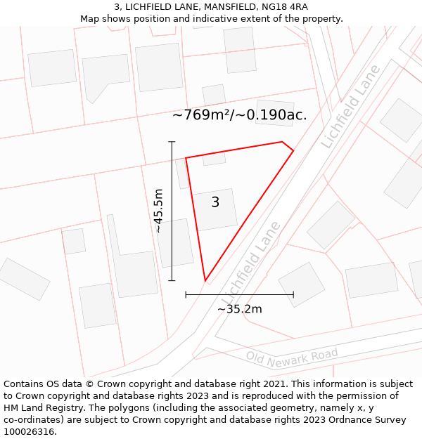 3, LICHFIELD LANE, MANSFIELD, NG18 4RA: Plot and title map