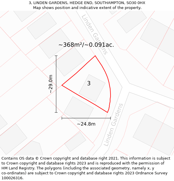 3, LINDEN GARDENS, HEDGE END, SOUTHAMPTON, SO30 0HX: Plot and title map