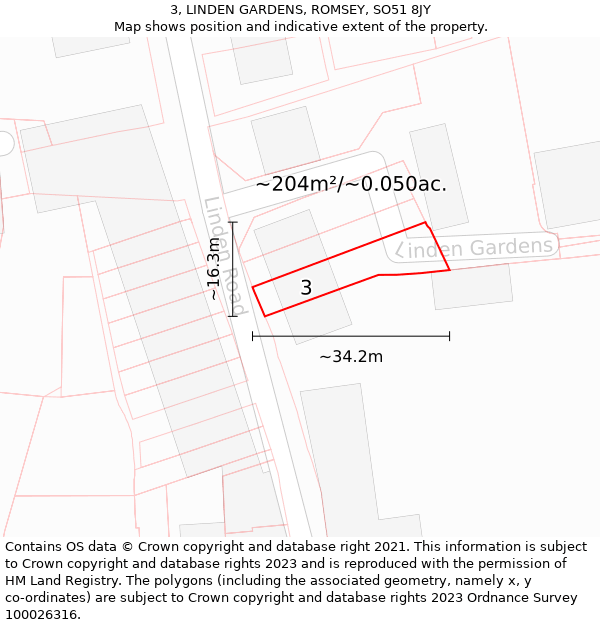 3, LINDEN GARDENS, ROMSEY, SO51 8JY: Plot and title map