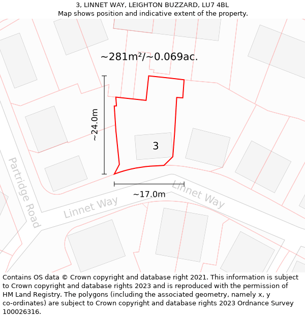 3, LINNET WAY, LEIGHTON BUZZARD, LU7 4BL: Plot and title map