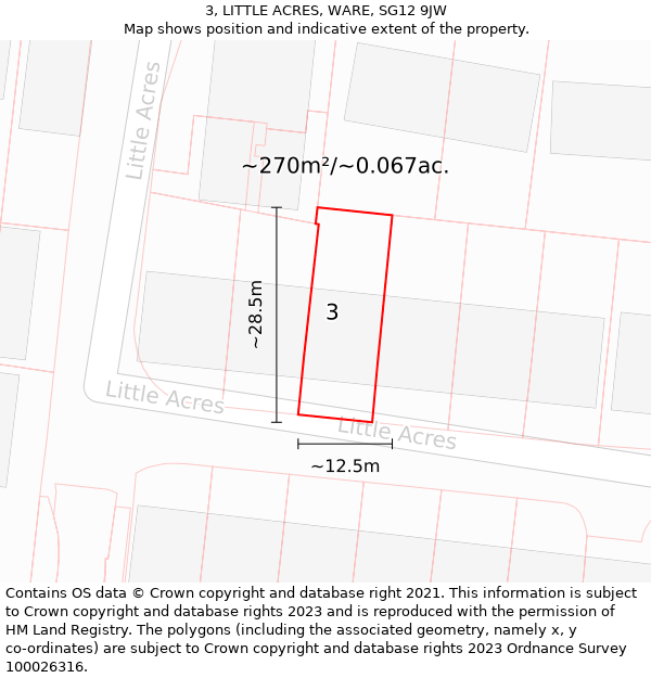 3, LITTLE ACRES, WARE, SG12 9JW: Plot and title map