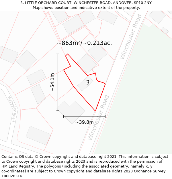 3, LITTLE ORCHARD COURT, WINCHESTER ROAD, ANDOVER, SP10 2NY: Plot and title map