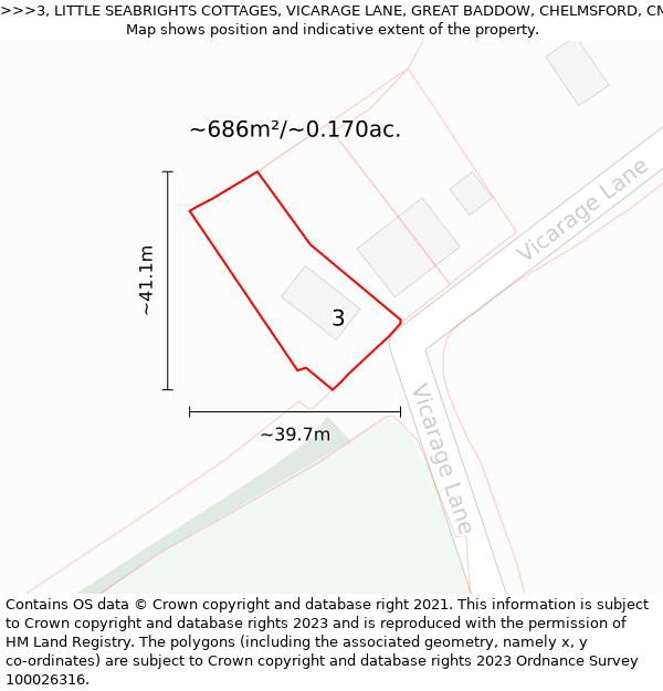 3, LITTLE SEABRIGHTS COTTAGES, VICARAGE LANE, GREAT BADDOW, CHELMSFORD, CM2 7SU: Plot and title map