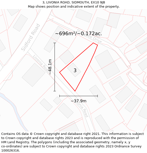 3, LIVONIA ROAD, SIDMOUTH, EX10 9JB: Plot and title map