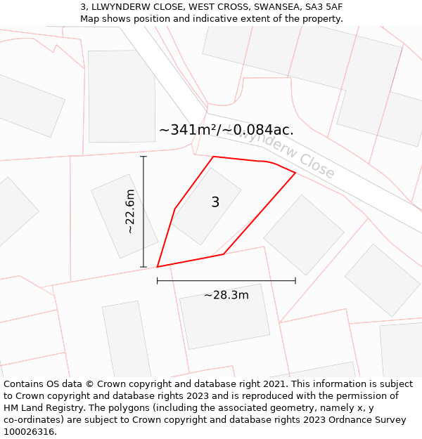 3, LLWYNDERW CLOSE, WEST CROSS, SWANSEA, SA3 5AF: Plot and title map