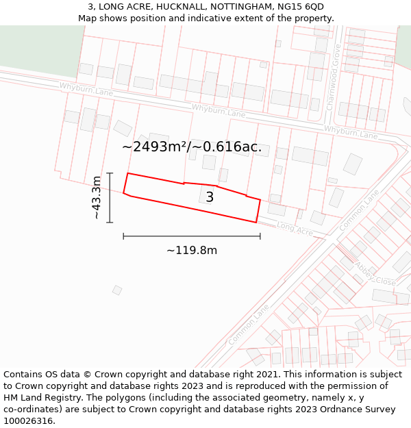 3, LONG ACRE, HUCKNALL, NOTTINGHAM, NG15 6QD: Plot and title map