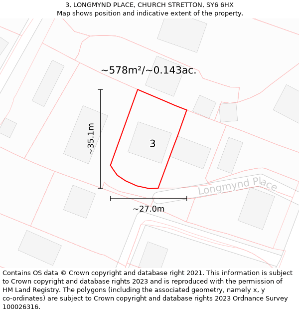 3, LONGMYND PLACE, CHURCH STRETTON, SY6 6HX: Plot and title map