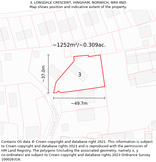 3, LONSDALE CRESCENT, HINGHAM, NORWICH, NR9 4ND: Plot and title map