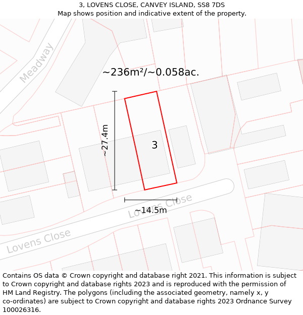 3, LOVENS CLOSE, CANVEY ISLAND, SS8 7DS: Plot and title map