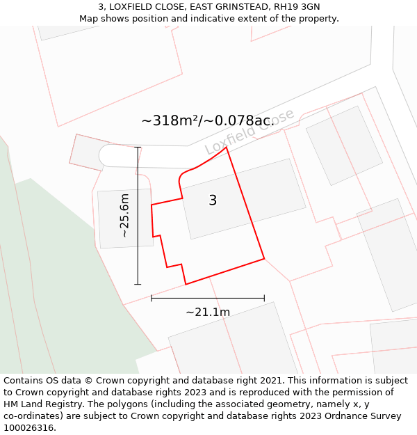 3, LOXFIELD CLOSE, EAST GRINSTEAD, RH19 3GN: Plot and title map
