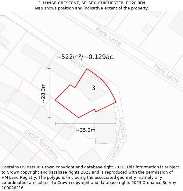 3, LUNAR CRESCENT, SELSEY, CHICHESTER, PO20 0FN: Plot and title map